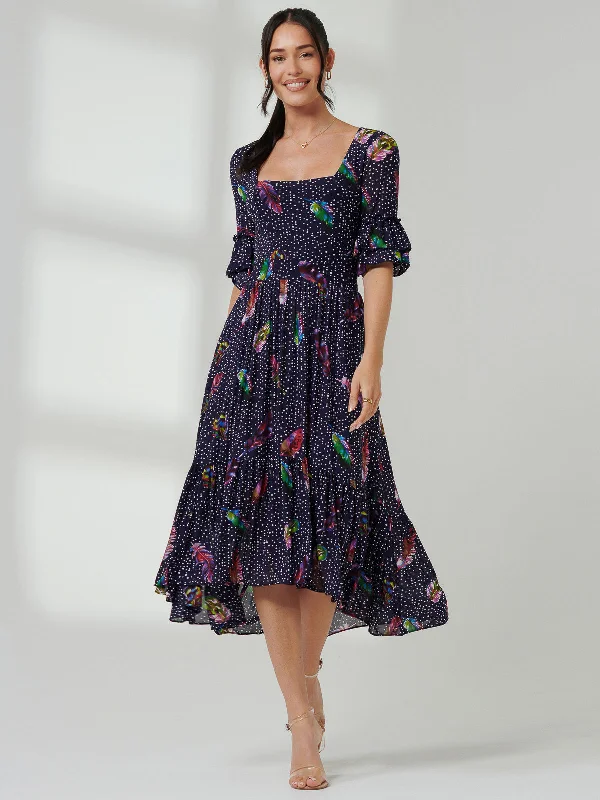 Aleia Mesh Print Square Neck Dress, Navy Feather Anniversary floral dresses