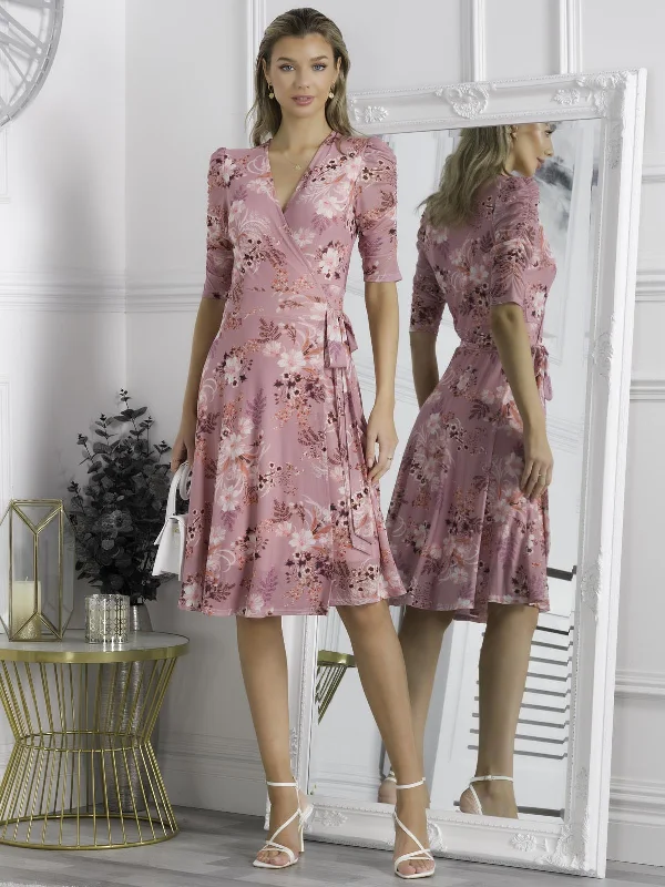 Elodea Mesh Ruched Sleeve Wrap Dress, Pink Floral Cocktail floral dresses