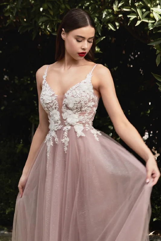 Floral Applique Tulle Gown By Cinderella Divine -CB075 Budget-friendly floral dresses