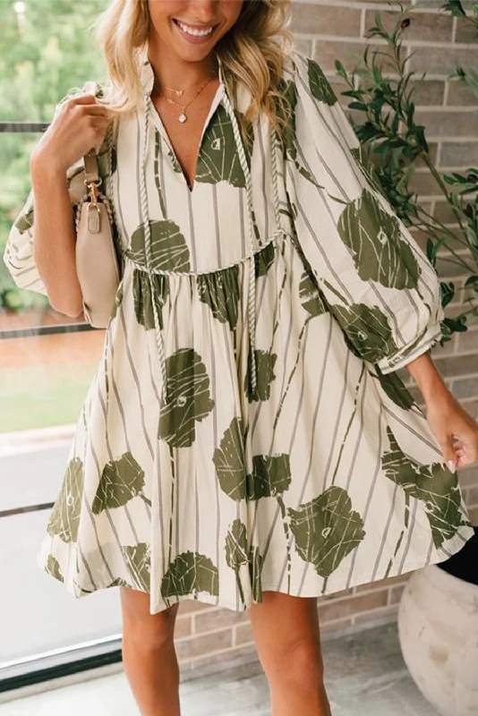 Guacamole Green Floral Striped Print Contrast Piping Puff Sleeve Dress Silk floral dresses