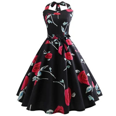 halter High Waist Elegant Red Rose Flower Floral Print Dress Retro Plus Size Polyester Summer Casual Print Black Skater Dress H&M floral dresses