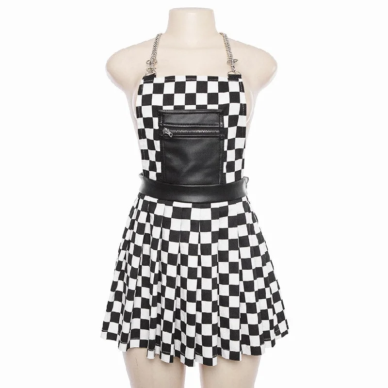 Harajuka Checkerboard Pattern Women Dresses High Street Sexy Backless Punk Sleeveless Chain Straps Dress Summer Fashion Elegant floral dresses