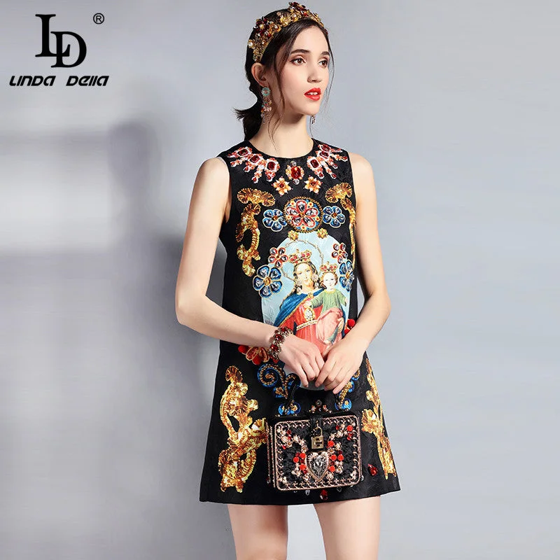 Fashion Designer Summer Dress Women's Sleeveless Luxury Crystal Beading Jacquard Print Straogjt Vintage Dress Hot new arrivals in floral dresses