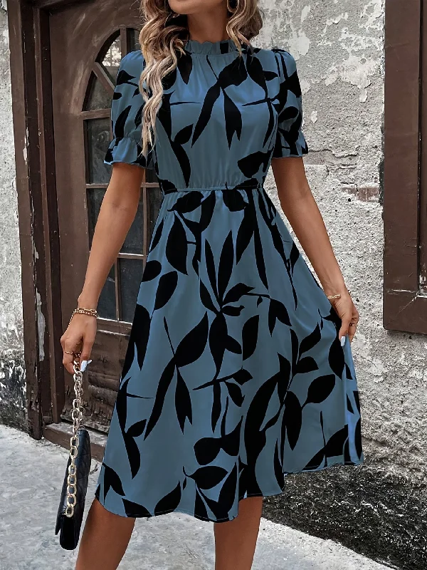 Leaf Print Mock Neck Dress, Elegant Short Sleeve Ruffle Cuff Back Keyhole A-line Dress A-line floral dresses