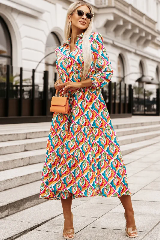 Multicolor Abstract Geometric Print Long Sleeve High Waist Dress Best floral dresses for elegant looks