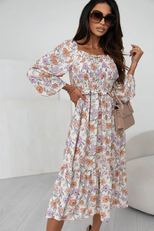 Multicolor Floral Smocked Long Sleeve Pocketed Dress Formal floral dresses