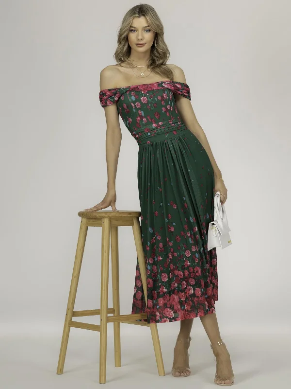 Oliana Mesh Bardot Neckline Dress, Green Floral Long floral dresses