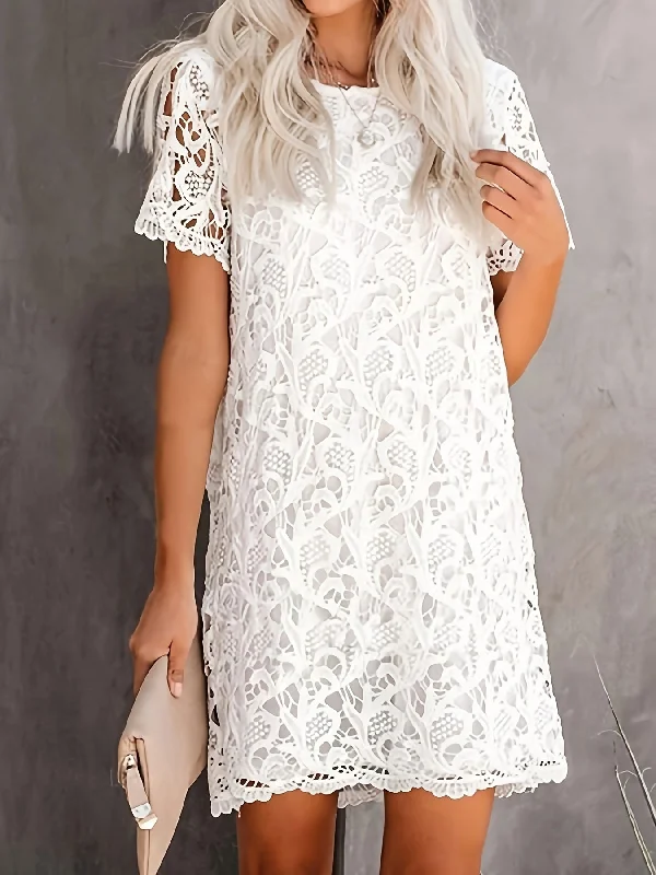 Floral Lace Stitching Dress, Elegant Short Sleeve Dress Knitted floral dresses