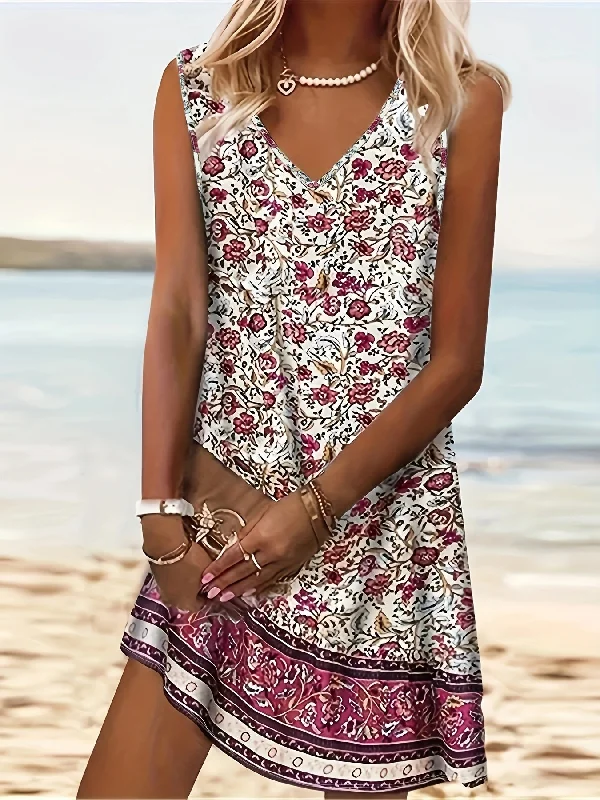 Floral Print Tank Dress, Casual V Neck Sleeveless Dress Ruffled floral dresses