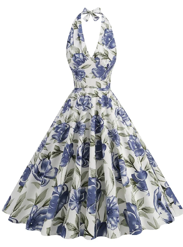 Printed Hepburn High Waist Halter Dress Casual floral dresses