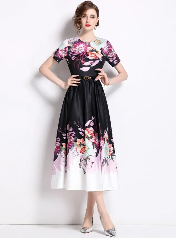 Printed Hepburn Round Neck Short Sleeve Dress with Belt Chic floral dresses