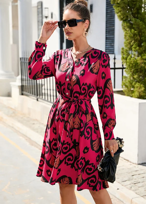 Printed Long-Sleeved Dress With Large Hemline Date night floral dresses