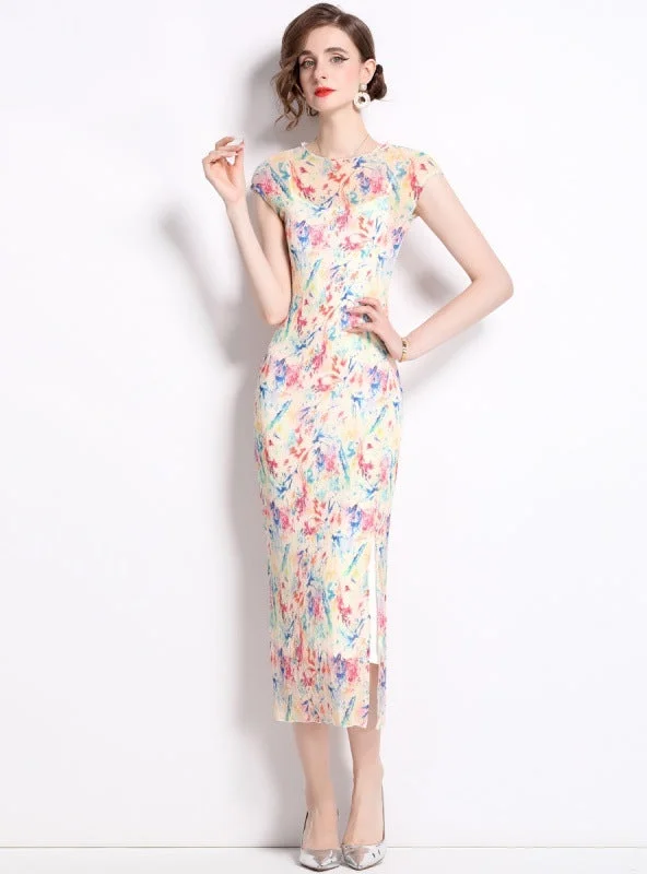 Printed Slim Split Long Short Sleeve Dress Minimalist floral dresses