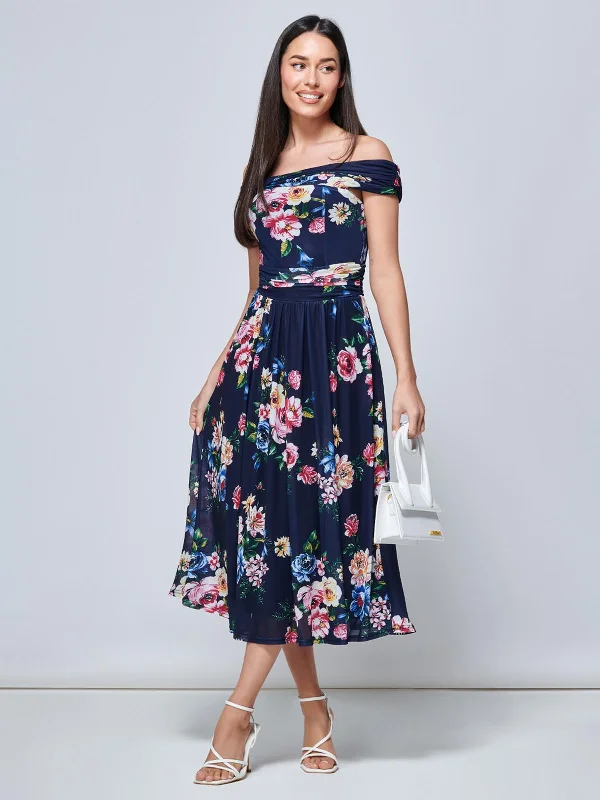 Rawiya Bardot Neck Mesh Dress, Navy Floral Midi floral dresses