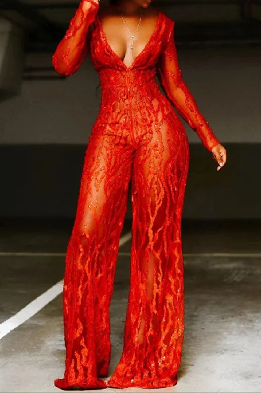 Red Floral Lace V Neck Unique See-Through Wide Leg Jumpsuit Hot new arrivals in floral dresses