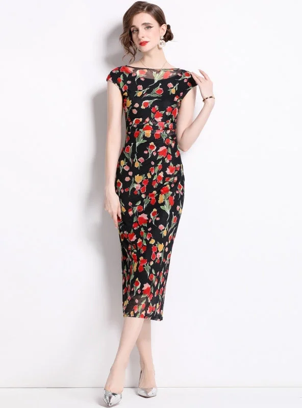 Retro Fishtail Print Medium Long Dress Wedding guest floral dresses