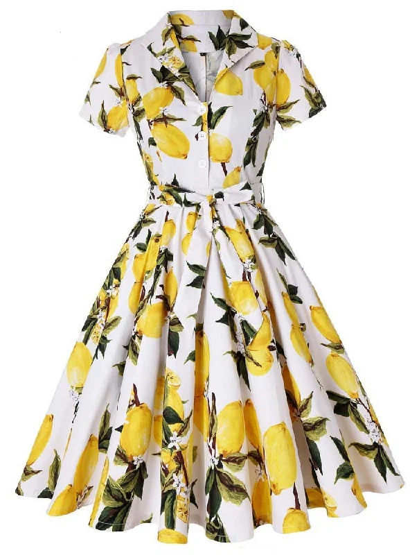 Retro Lapel Short Sleeve Lemon Printed Dress Must-have floral dresses for this season