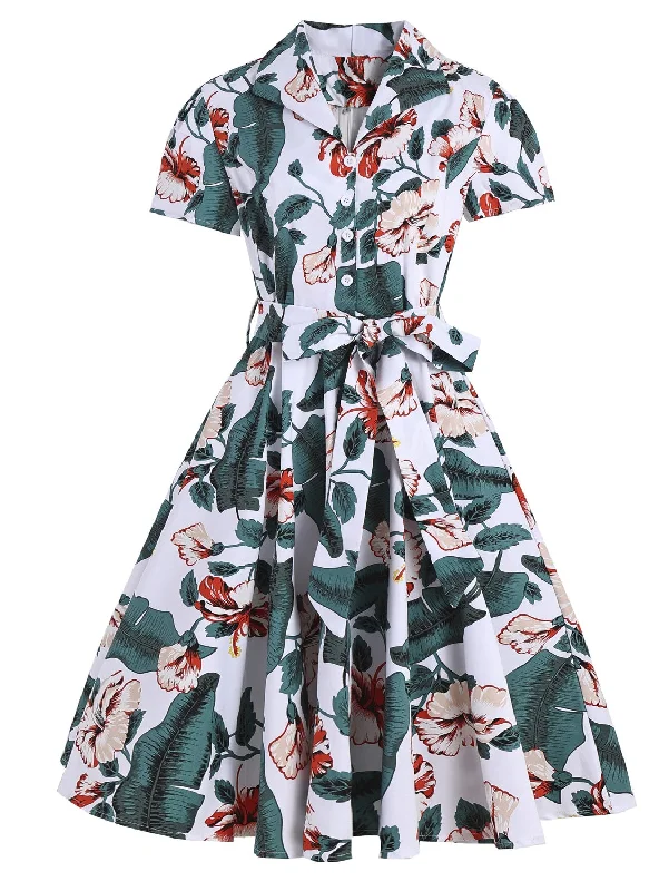 Retro Lapel Short Sleeve Printed Dress Comfortable floral dresses for everyday wear