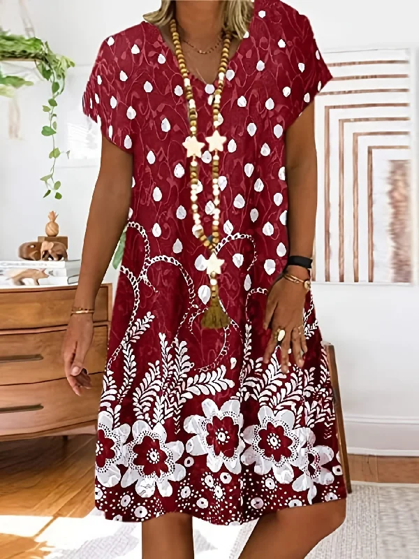 Retro Print Loose Long Dress, Short Sleeve V-neck Waist Summer Dresses Budget-friendly floral dresses