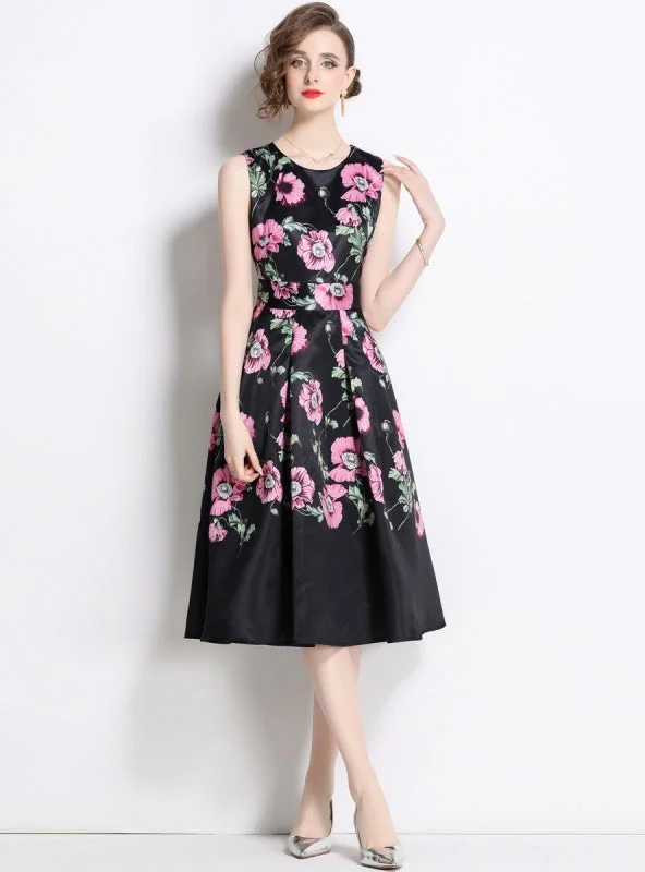 Retro Slim Sleeveless Print Long Dress Preppy floral dresses