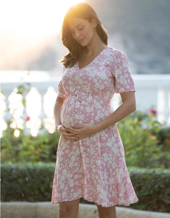 Serahine Pink Floral Fit & Flare Maternity & Nursing Dress Raquelle Vacation floral dresses