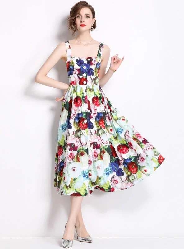 Straps Print Slim Sleeveless Dress Vacation floral dresses