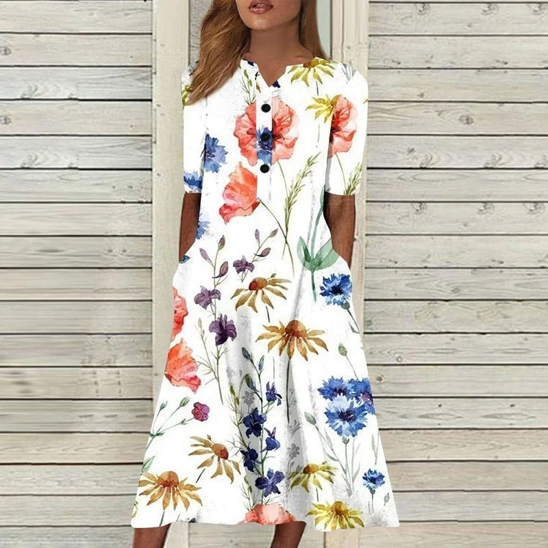 Vintage Casual Floral Print A-Line Short Sleeve Pocket Boho Dress Wedding guest floral dresses