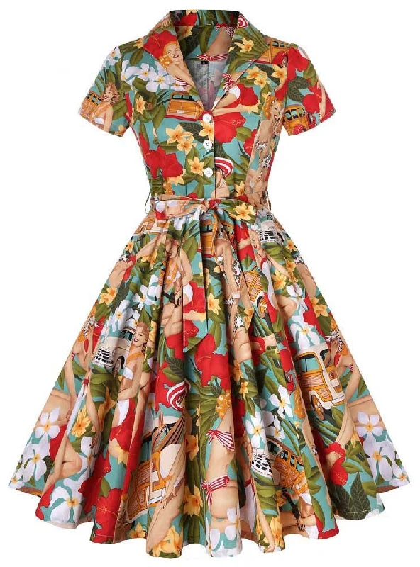 Women Retro Lapel Short Sleeve Printed Dress Best floral dresses for hourglass body shape