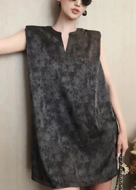 French Black V Neck Tie Dye Cotton Mid Dress Sleeveless QP003 Mesh unclassified dresses