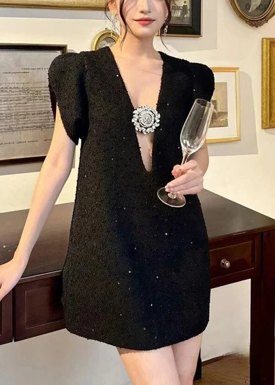 French Black V Neck Zircon Cotton Mid Dress Summer QP034 Chic unclassified dresses