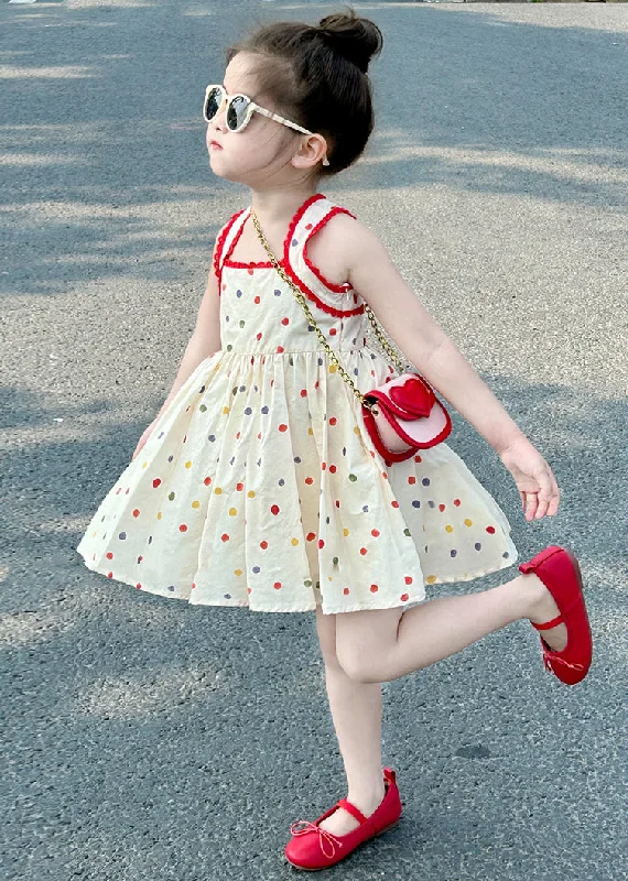 New Apricot Square Collar Dot Cotton Girls Mid Dresses Sleeveless TT022 Off-shoulder unclassified dresses