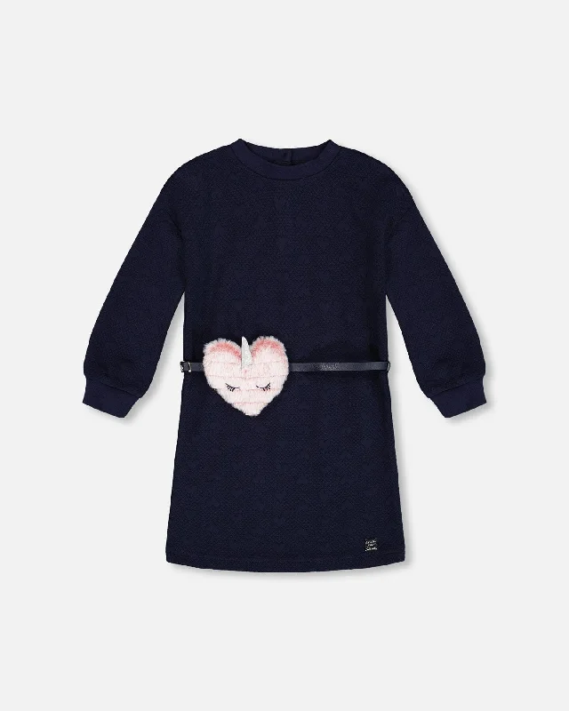 Quilted Heart Fleece Dress With Belt Navy Bold pattern unclassified dresses