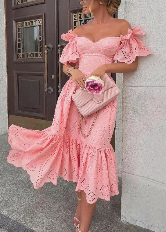 Sexy Pink Hollow Out Solid Cotton Dresses Summer BB048 Stretchy unclassified dresses