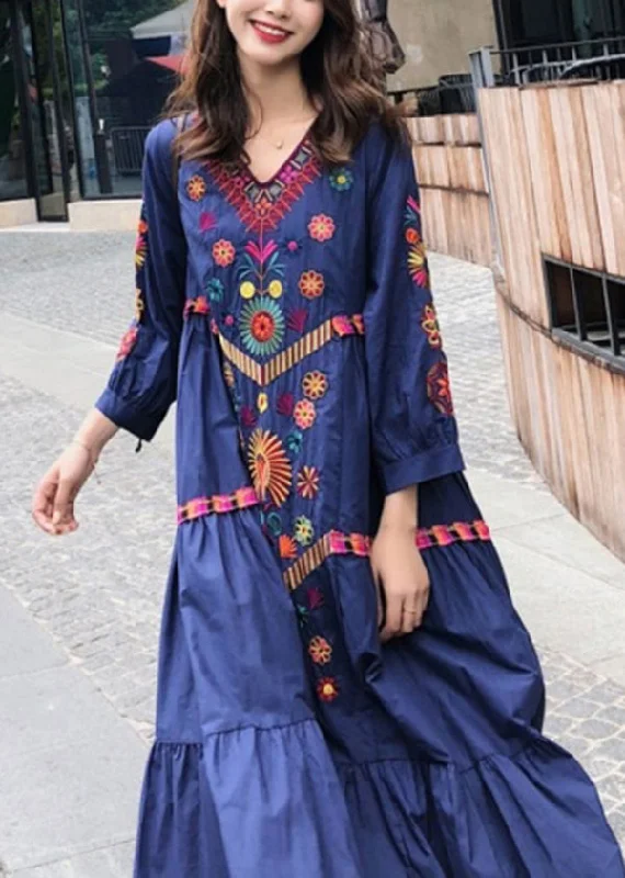 Style Blue Embroidered Exra Large Hem Cotton Dress Summer YY022 Lightweight unclassified dresses Style Blue Embroidered Exra Large Hem Cotton Dress Summer YY022 Lightweight unclassified dresses