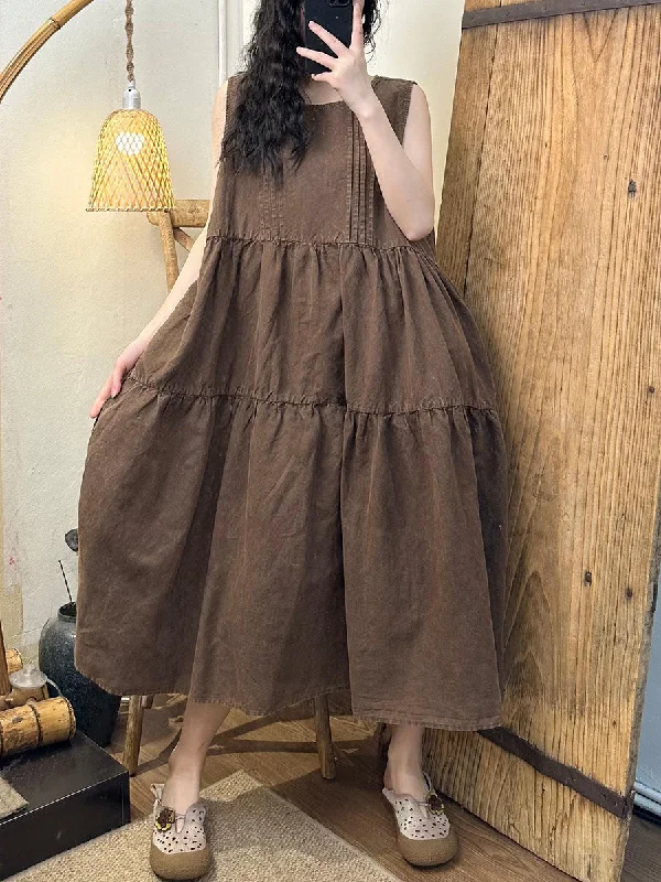 Women Summer Vintage Solid Shirred Linen Vest Dress CV1040 Knitted unclassified dresses