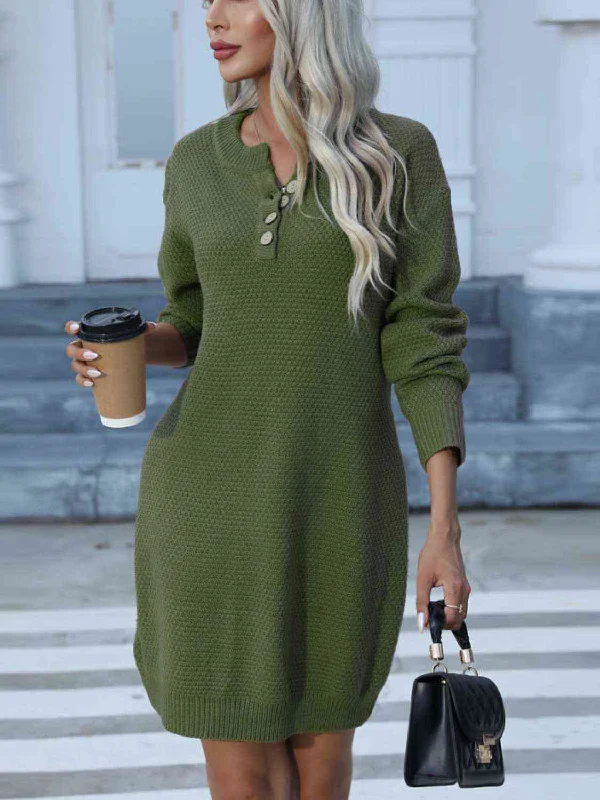 Buttoned Round Neck Long Sleeve Sweater Dress Black Maxi Skirt