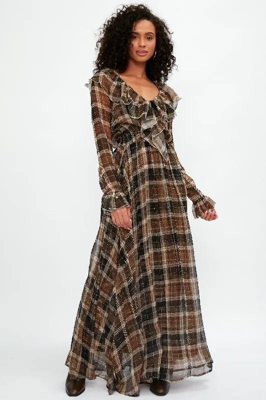 Calla Silk Maxi Dress in Tartan Nocciola Front Slit Maxi