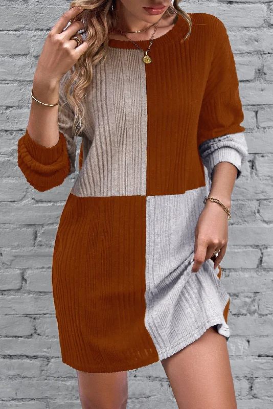 Chestnut Ribbed Color Block Drop Shoulder Long Sleeve Short Dress Flowy Maxi Skirt