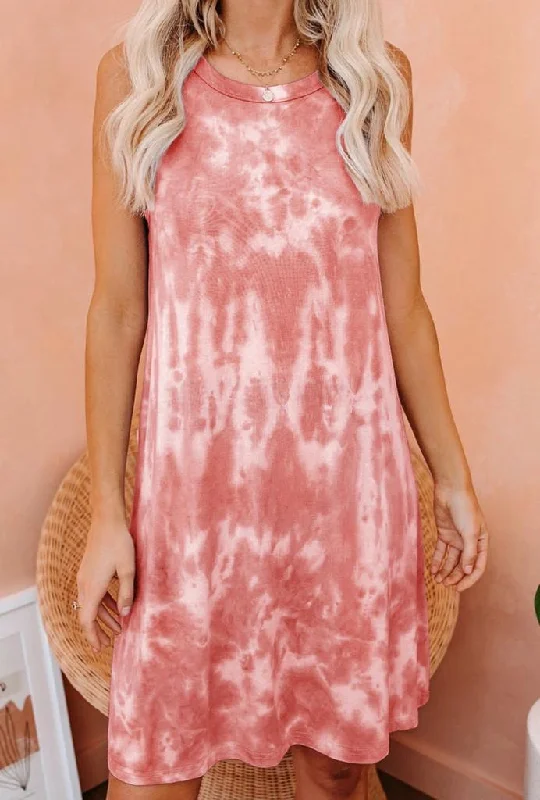 Coral Tie Dye Tank Dress Sleeveless Tank Gown