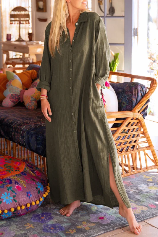 Green Crinkled Pocketed Side Slits Loose Maxi Dress Embroidered Maxi Skirt