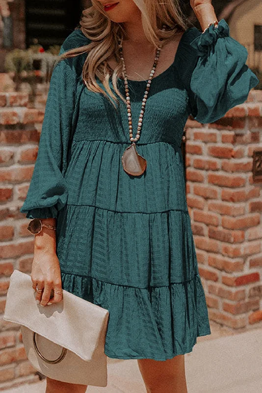 Mist Green Long Sleeve Smocked Tiered Boho Dress Long Floral Skirt