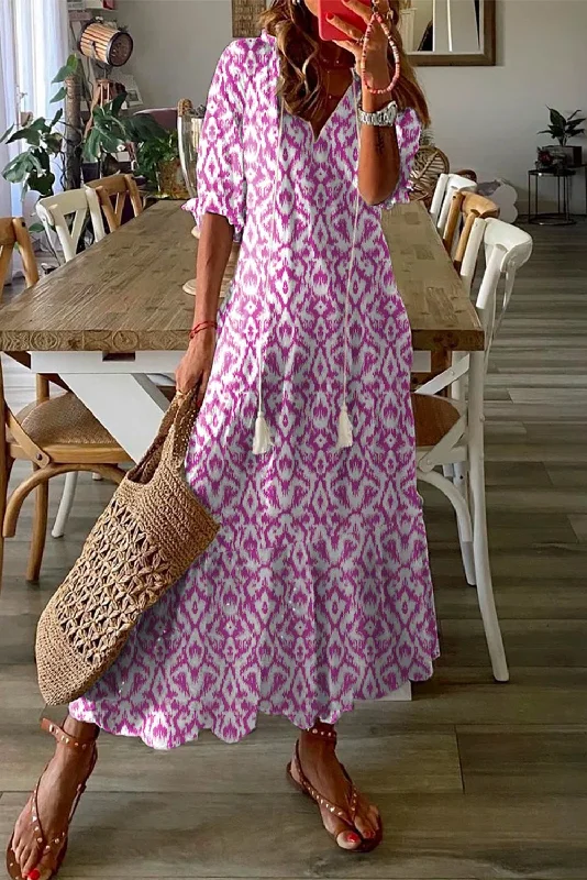 Pink Geometric Print Casual V Neck Maxi Dress Plaid Maxi Skirt