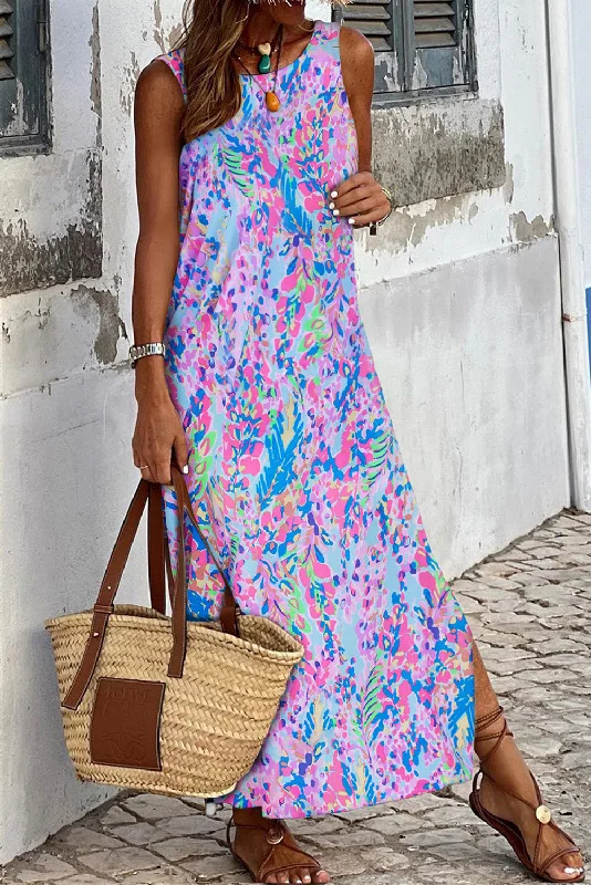 Purple Fluorescent Printed Round Neck	 Sleeveless Maxi Dress Bold Maxi Skirt