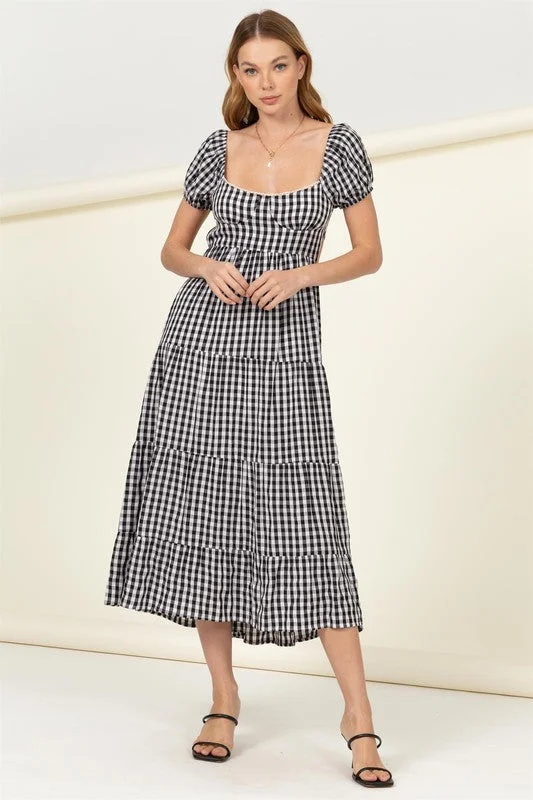 SOMEWHERE TO GO TIE-BACK GINGHAM PRINT MAXI DRESS Pleated A-line Skirt