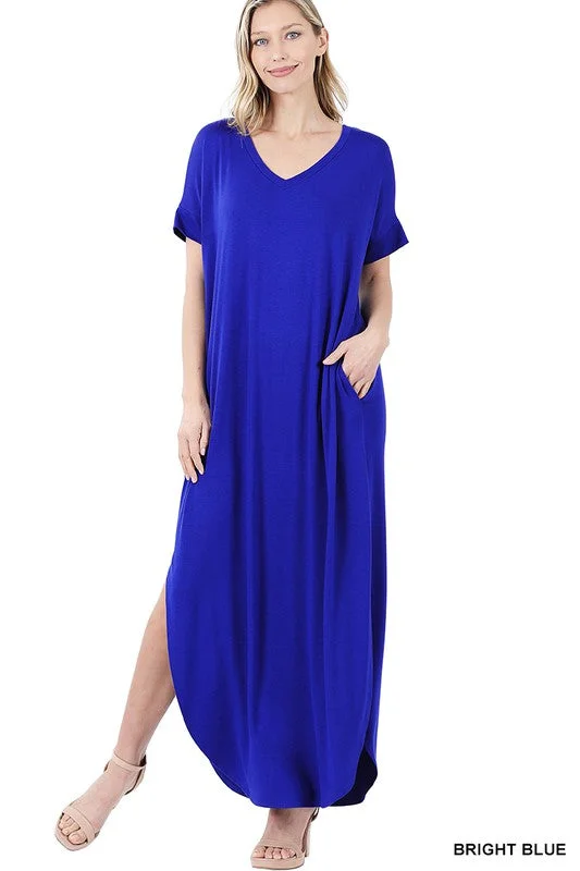 VISCOSE SIDE SLIT V-NECK SHORT SLEEVE MAXI DRESS Tulle Layered Maxi