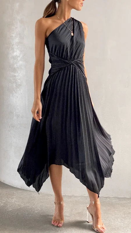 Cali One Shoulder Midi Dress - Black Floral Midi Skirt