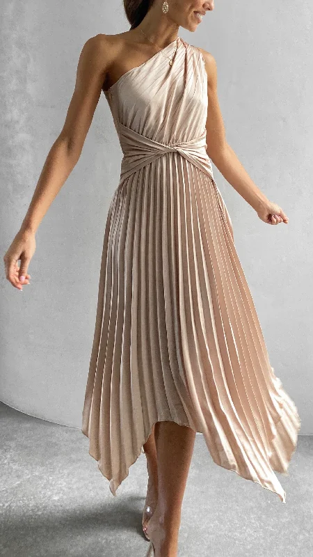 Cali One Shoulder Midi Dress - Champagne Button-front Midi Skirt
