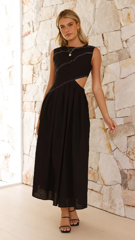 Emersyn Midi Dress - Black Ruffled Skirt Midi