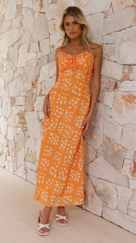 Farna Midi Dress - Orange Floral Vintage Printed Skirt