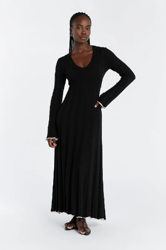 FLORA BLACK V NECK KNIT MIDI DRESS Denim Midi Skirt